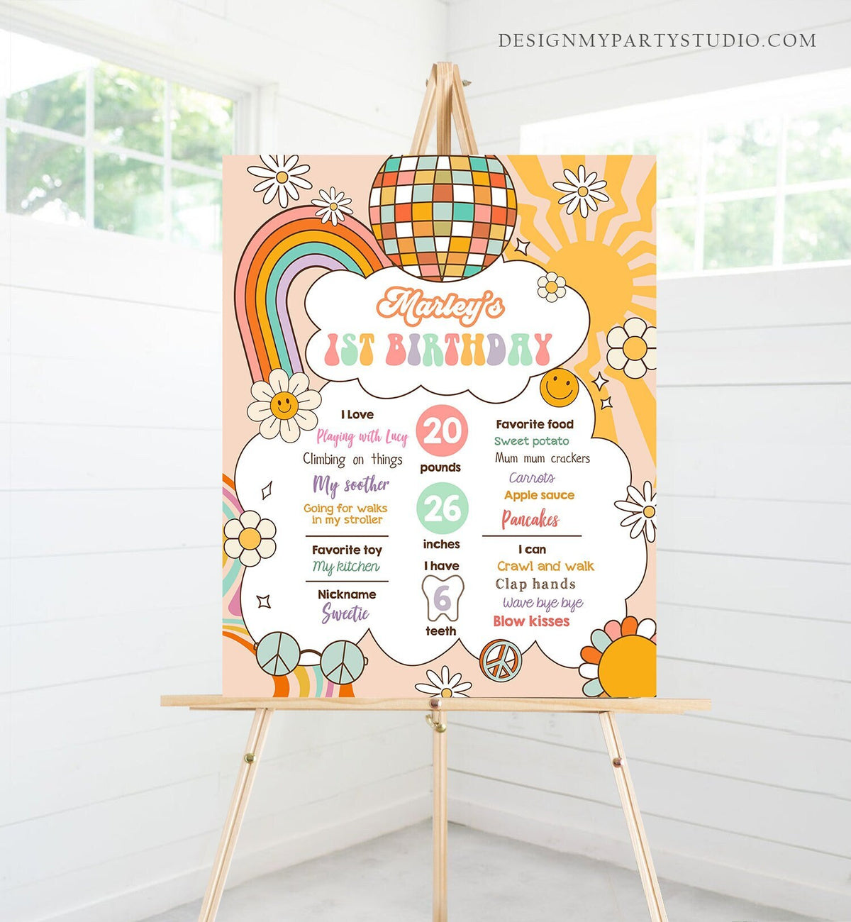Editable Groovy Birthday Milestones Sign Girl Retro Birthday Rainbow Hippie Flower Power 70's Sun 1st Party Template Printable Corjl 0459
