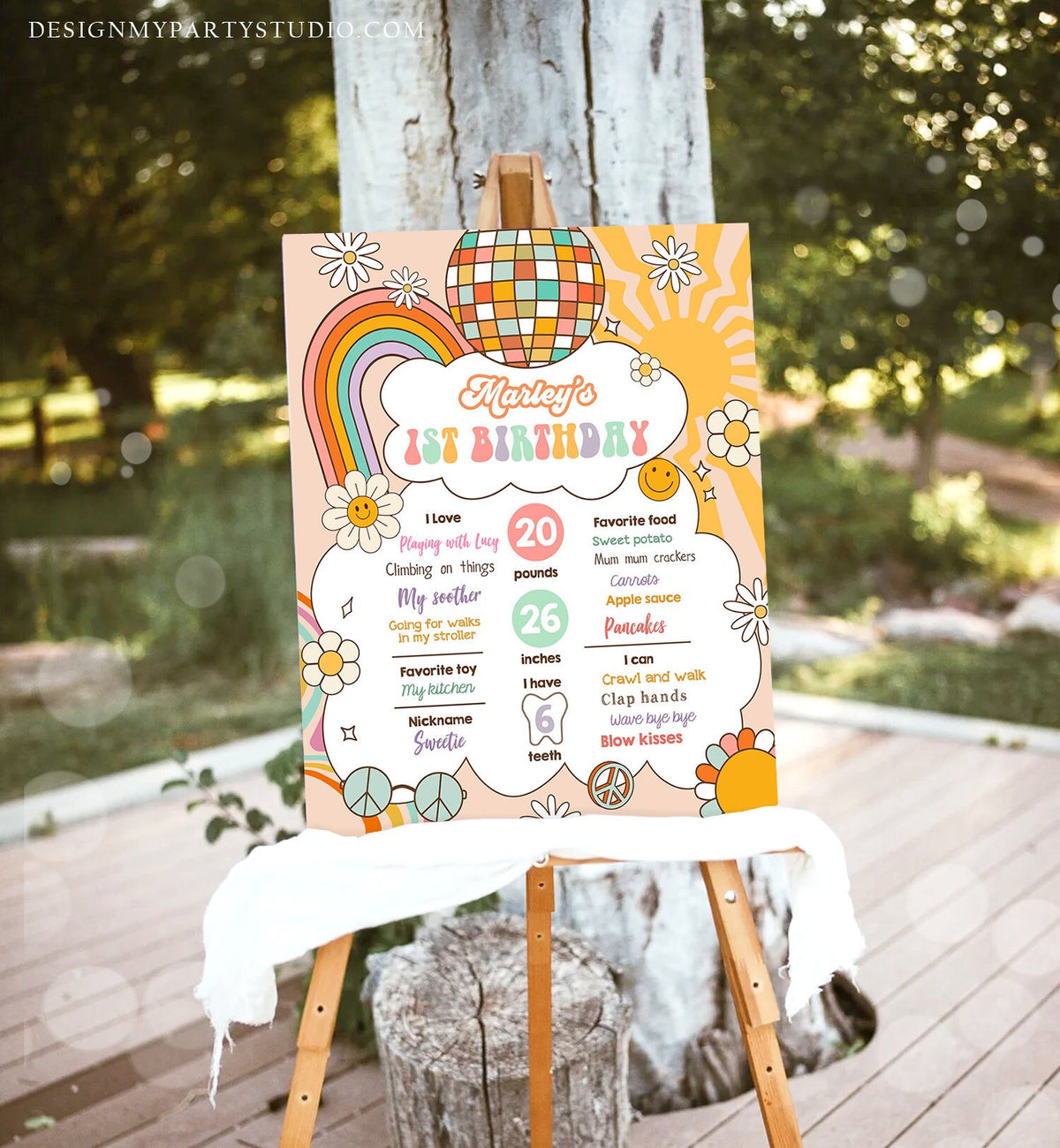 Editable Groovy Birthday Milestones Sign Girl Retro Birthday Rainbow Hippie Flower Power 70's Sun 1st Party Template Printable Corjl 0459