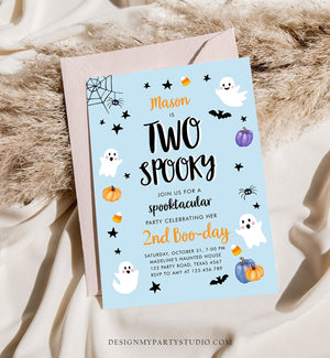 Editable Halloween Birthday Invitation 2nd Boy Blue Ghost Costume Party Kids Two Spooky Party Download Printable Template Corjl 0009 0418
