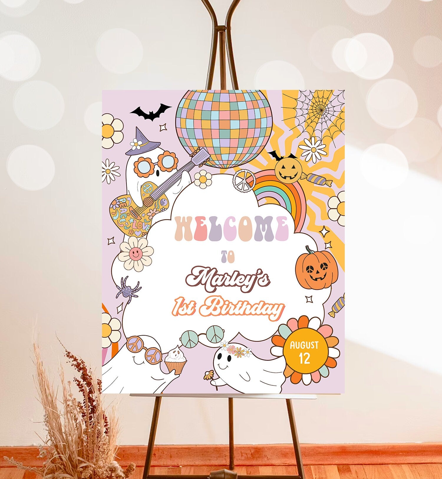 Editable Groovy Halloween Birthday Welcome Sign Floral Boho Spooky Party Retro 70's Hippie Festival Download Template Corjl PRINTABLE 0471