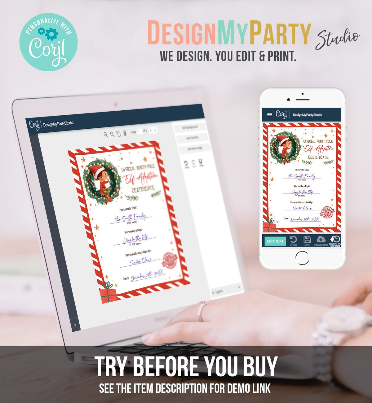 Editable Elf Adoption Certificate Adopt an Elf Letter Elf Activity Christmas Elf Certificate Santa North Pole Corjl Template Printable 0481