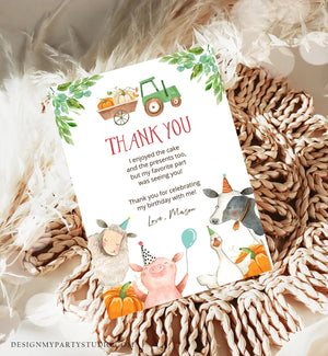 Editable Farm Animals Thank You Card Pumpkin Boy Green Tractor Farm Birthday Barnyard Thank You Fall Autumn Corjl Template Printable 0155
