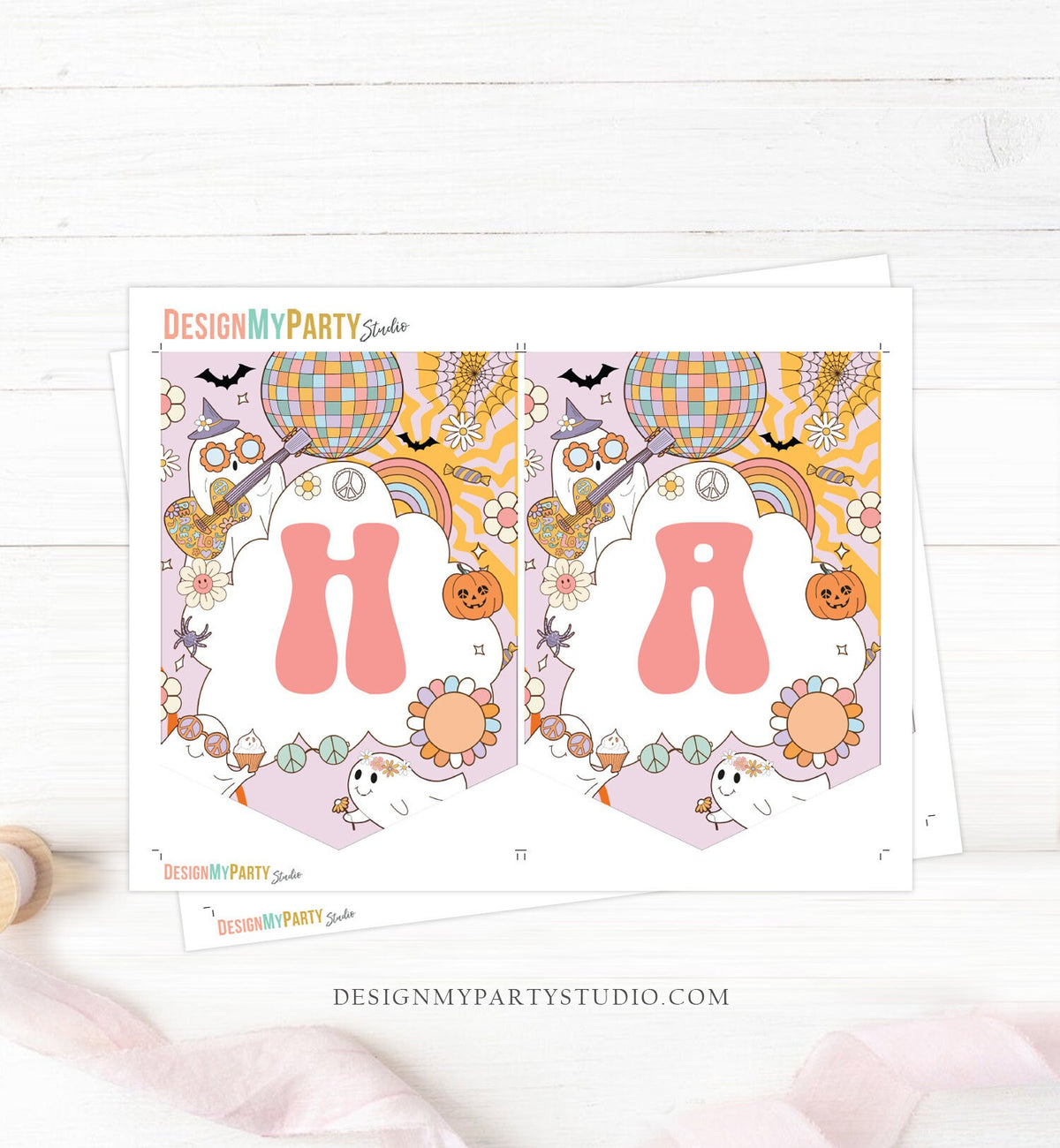 Happy Birthday Banner Groovy Birthday Banner Girl Retro Halloween Spooky Party Decor Boho Flower Rainbow 70&#39;s Hippie PRINTABLE DIGITAL 0471