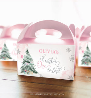 Editable Winter ONEderland Gable Gift Box Label Girl Birthday Treat Box Label Snow Tree Christmas Snowflake Download Printable Corjl 0363