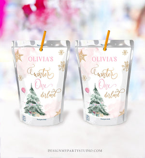 Editable Winter ONEderland Capri Sun Labels Juice Pouch Labels Girl Birthday Gold Party Christmas Snowflakes Corjl Template Printable 0363