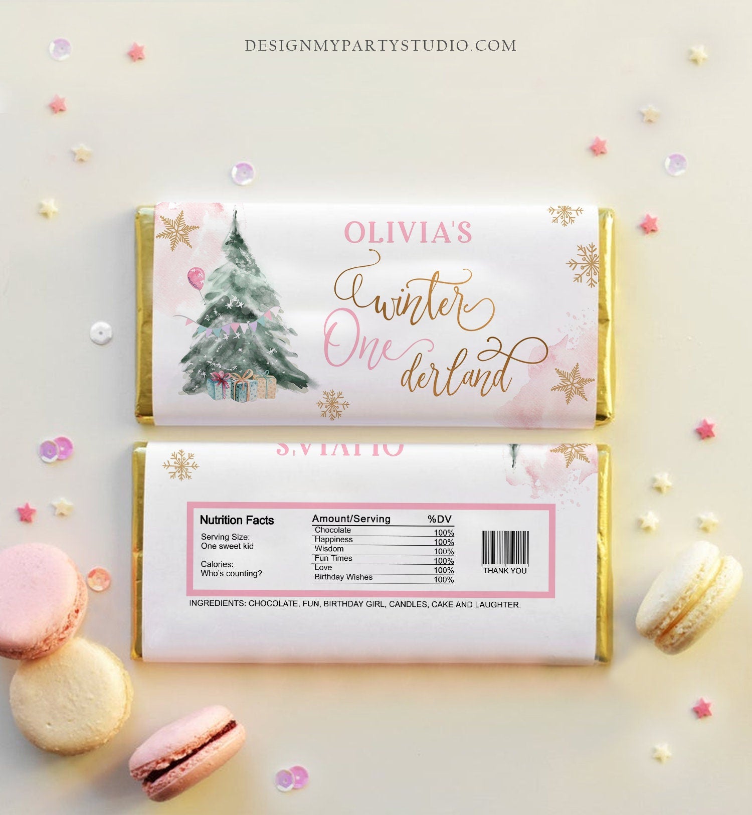 Editable Winter ONEderland Chocolate Bar Labels Candy Wrapper Gold Girl First Birthday Christmas Tree Download Corjl Template Printable 0363