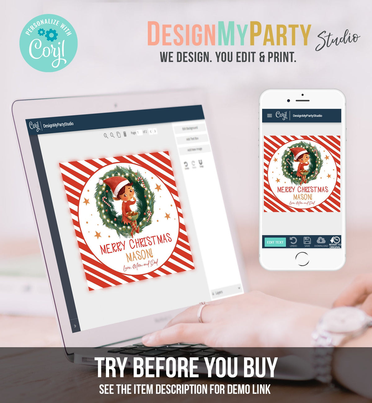 Editable Christmas Favor Tags Holiday Gift Tags Merry Christmas Holiday Santa Claus Elf Jingle Holiday Download Printable Corjl 0443 0481