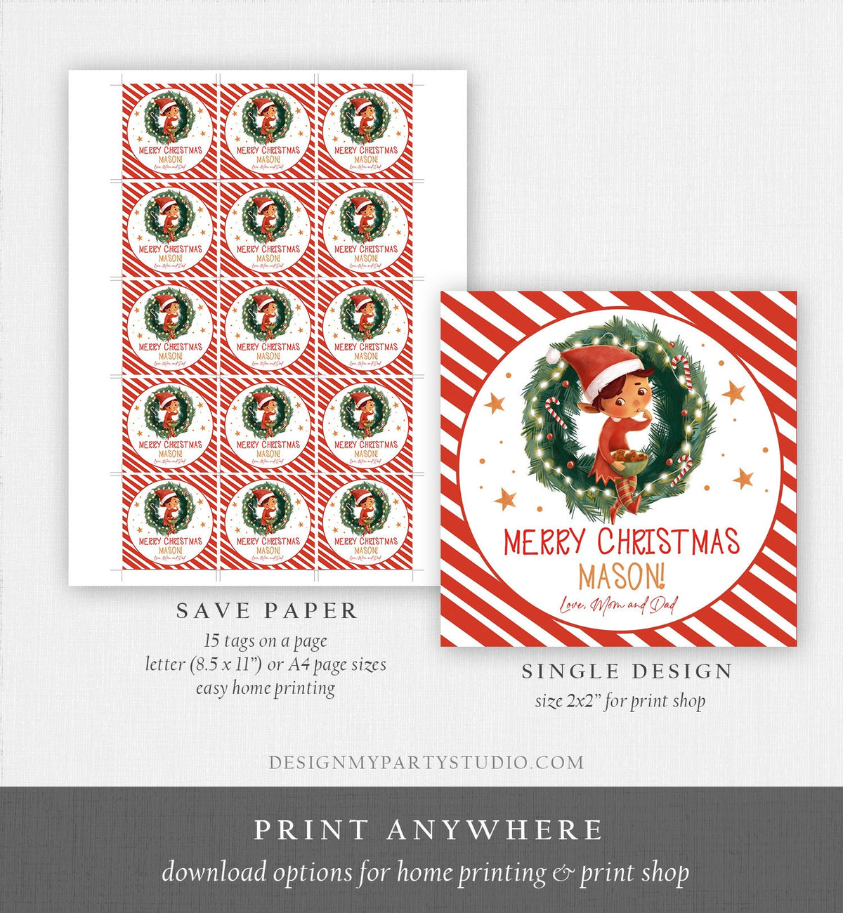 Editable Christmas Favor Tags Holiday Gift Tags Merry Christmas Holiday Santa Claus Elf Jingle Holiday Download Printable Corjl 0443 0481