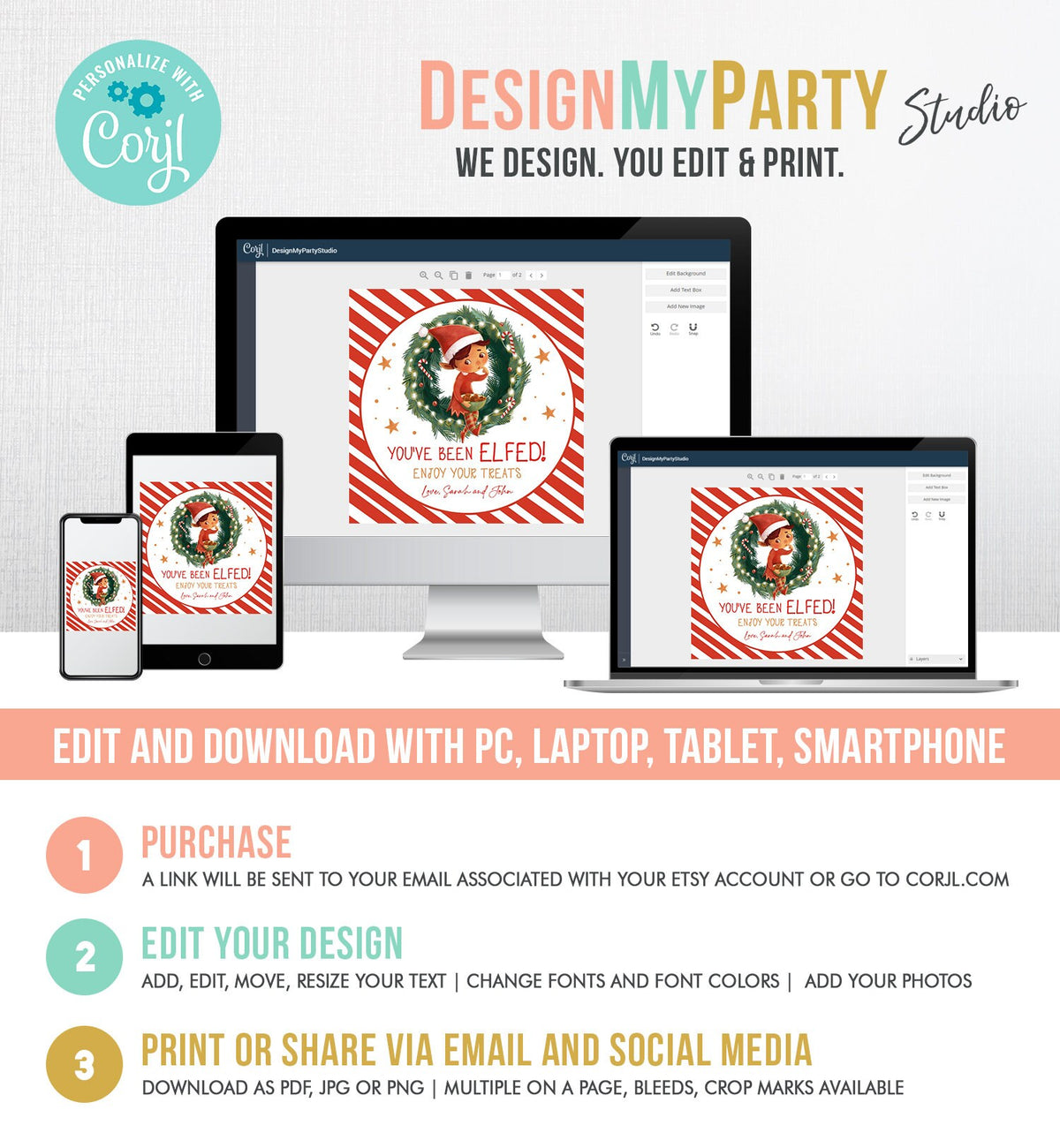 Editable You&#39;ve Been Elfed Favor Tags Christmas Holiday Gift Merry Christmas Santa Elf Jingle Holiday Download Printable Corjl 0443 0481