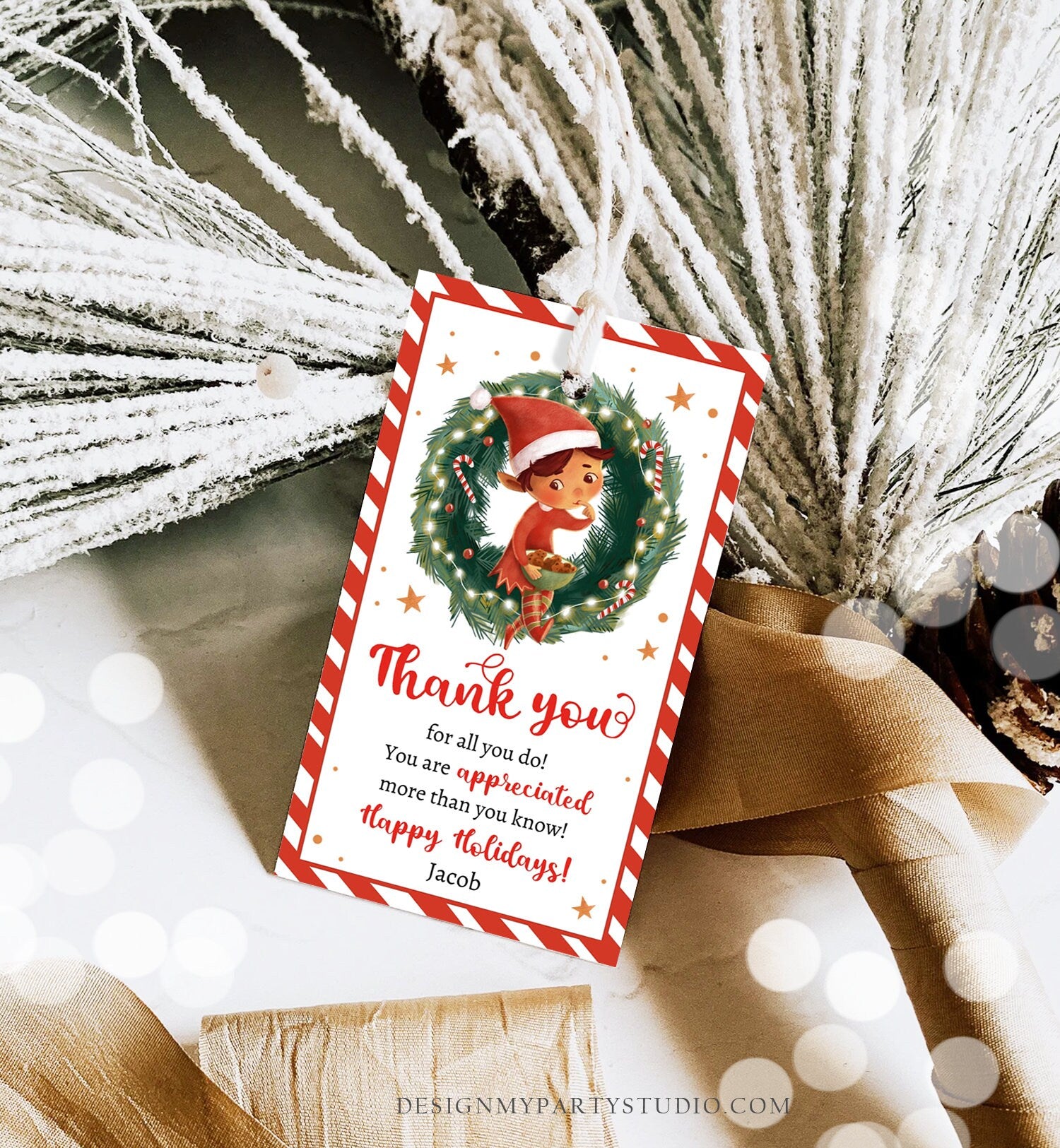 Editable Elf Christmas Thank You Favor Tag Cookie Gift Teacher Santa C - Design My Party Studio for Free Printable Christmas Thank You Tags