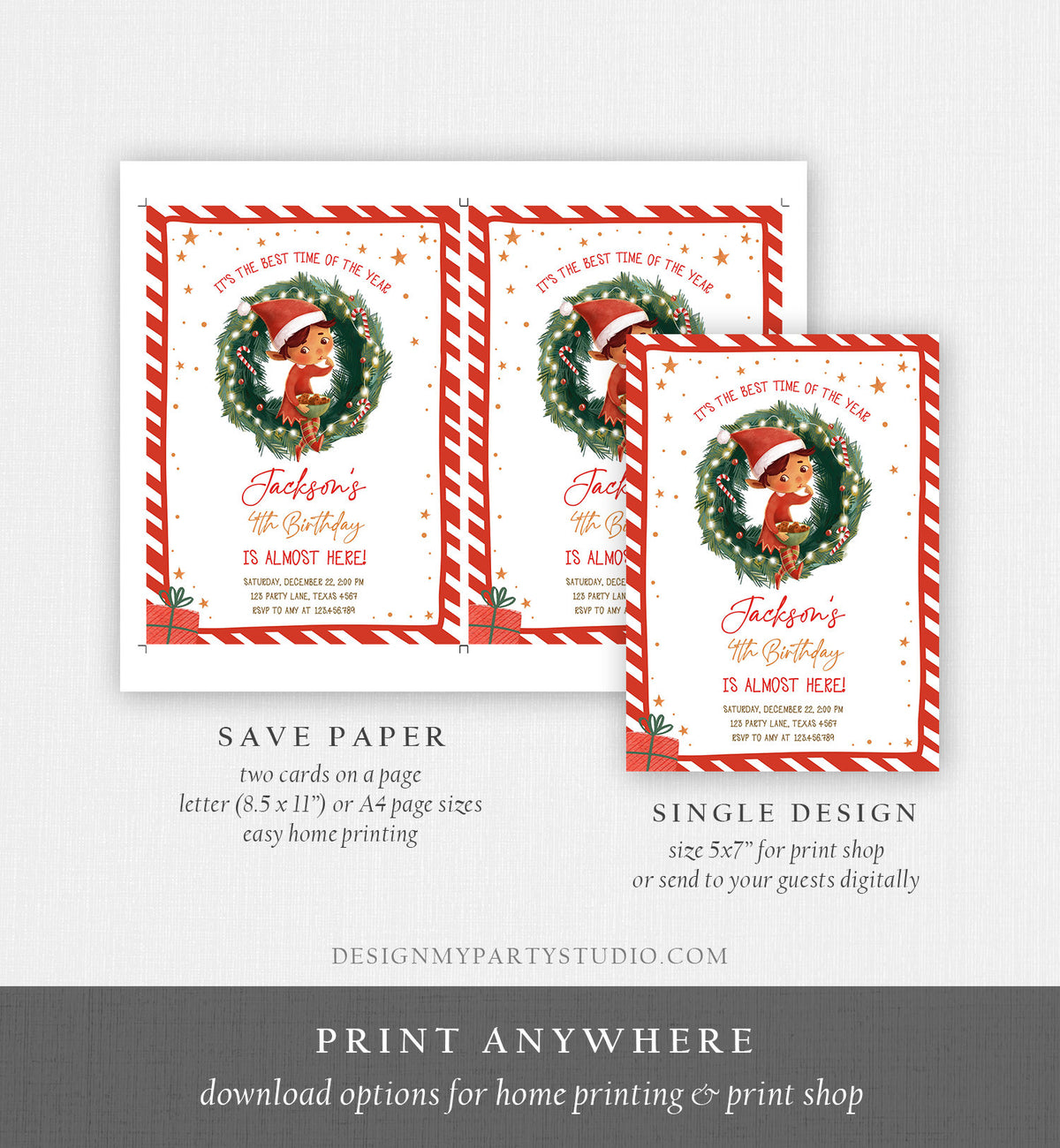 Editable Christmas Birthday Party Invitation Elf Birthday Invite Winter Best Time of The Year Boy Red Gold Printable Template DIY 0481