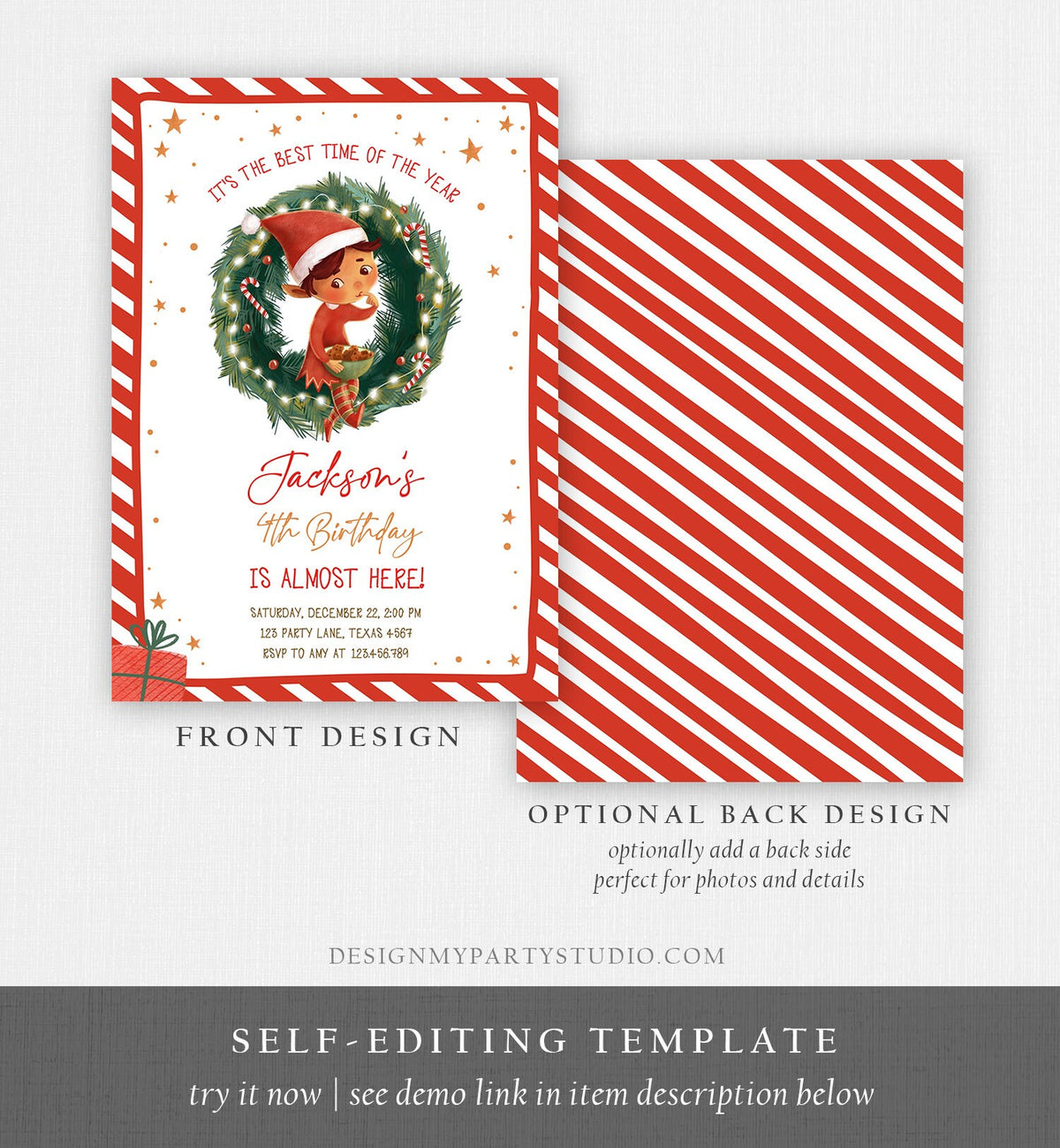 Editable Christmas Birthday Party Invitation Elf Birthday Invite Winter Best Time of The Year Boy Red Gold Printable Template DIY 0481