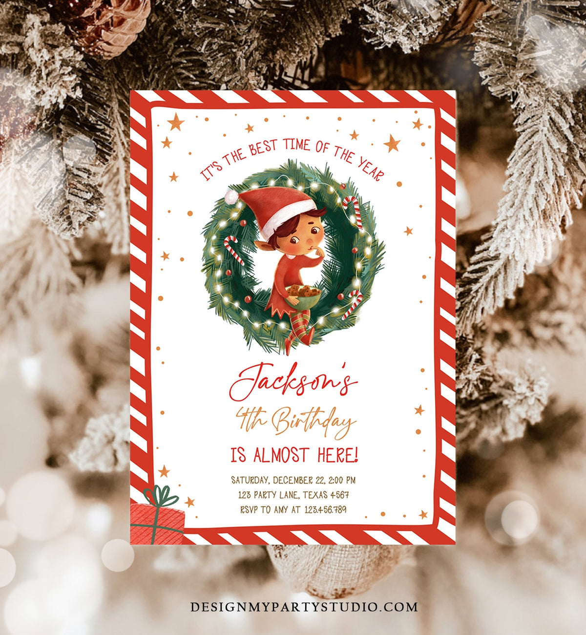 Editable Christmas Birthday Party Invitation Elf Birthday Invite Winter Best Time of The Year Boy Red Gold Printable Template DIY 0481