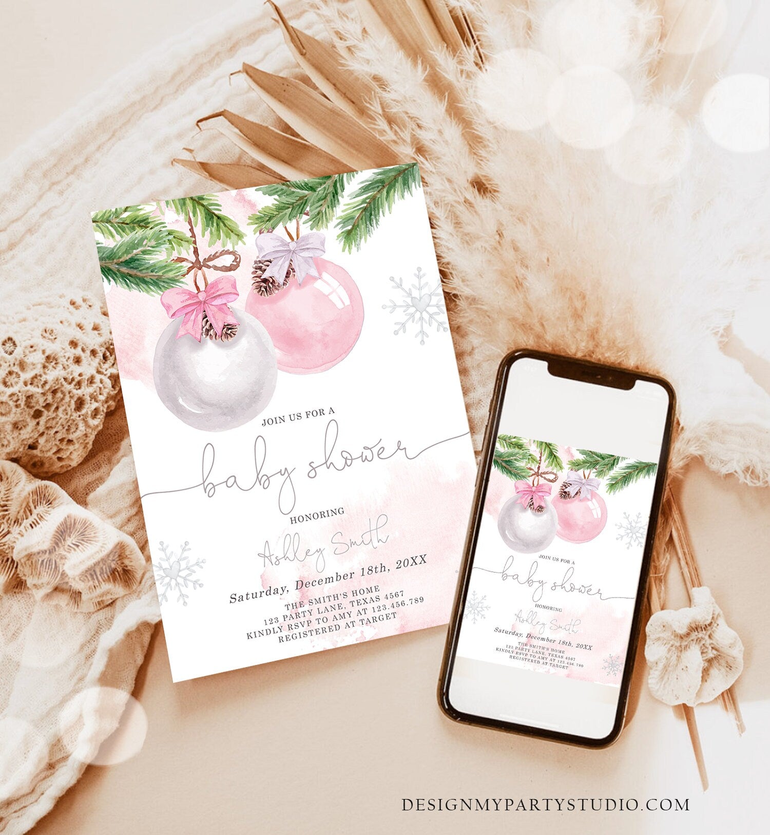 Editable Winter Baby Shower Invitation Baby It's Cold Outside Christmas Baby Shower Girl Blush Pink Watercolor Template Download Corjl 0490