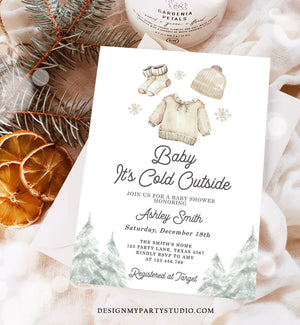 Editable Baby It's Cold Outside Invitation Winter Baby Shower Christmas Gender Neutral Baby Clothes Watercolor Template Download Corjl 0491