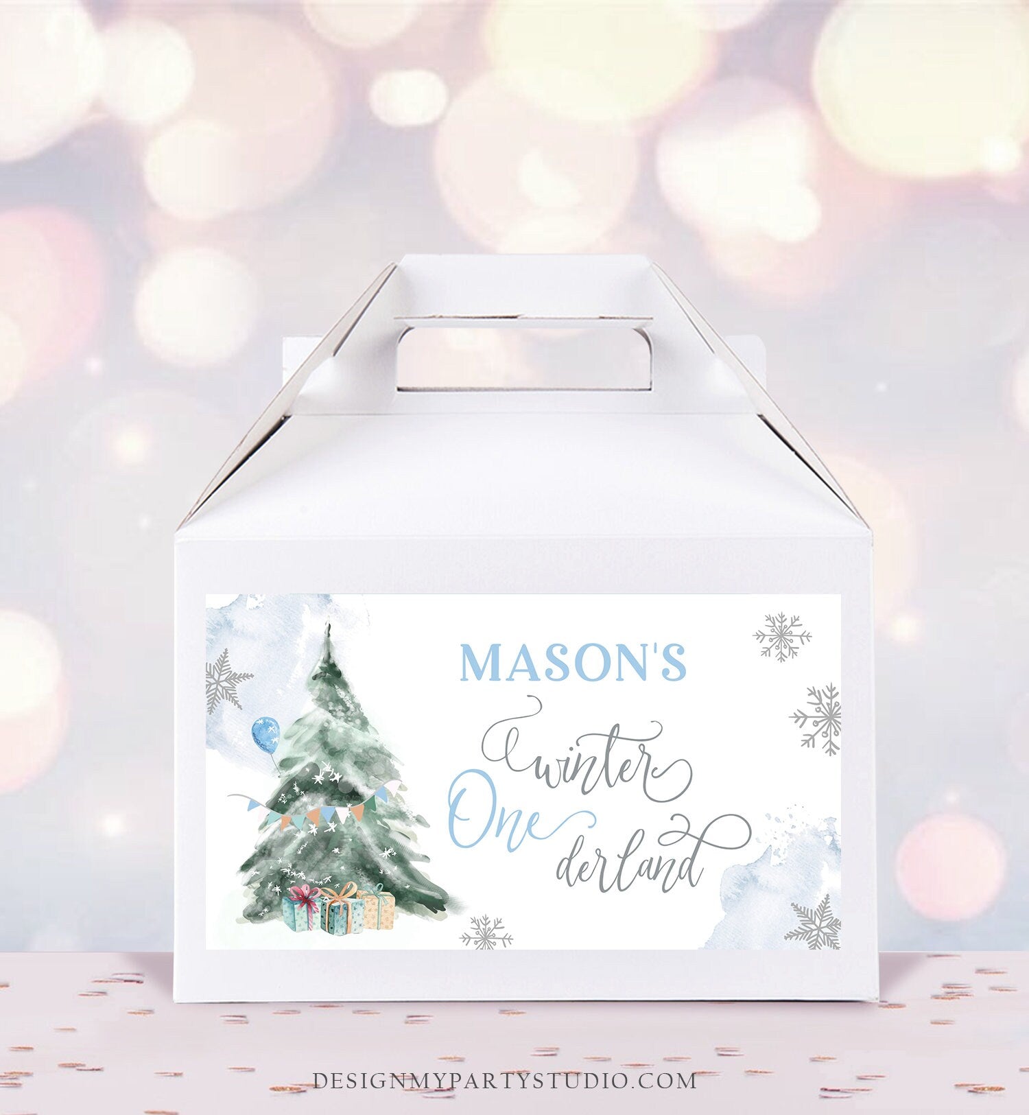 Editable Winter ONEderland Gable Gift Box Label Boy Birthday Treat Box Label Snow Tree Christmas Snowflake Download Printable Corjl 0363