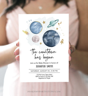 Editable Space Baby Shower Invitation Galaxy Outer Space It's a Boy Blue Planets Moon Countdown Invite Template Instant Download Corjl 0357