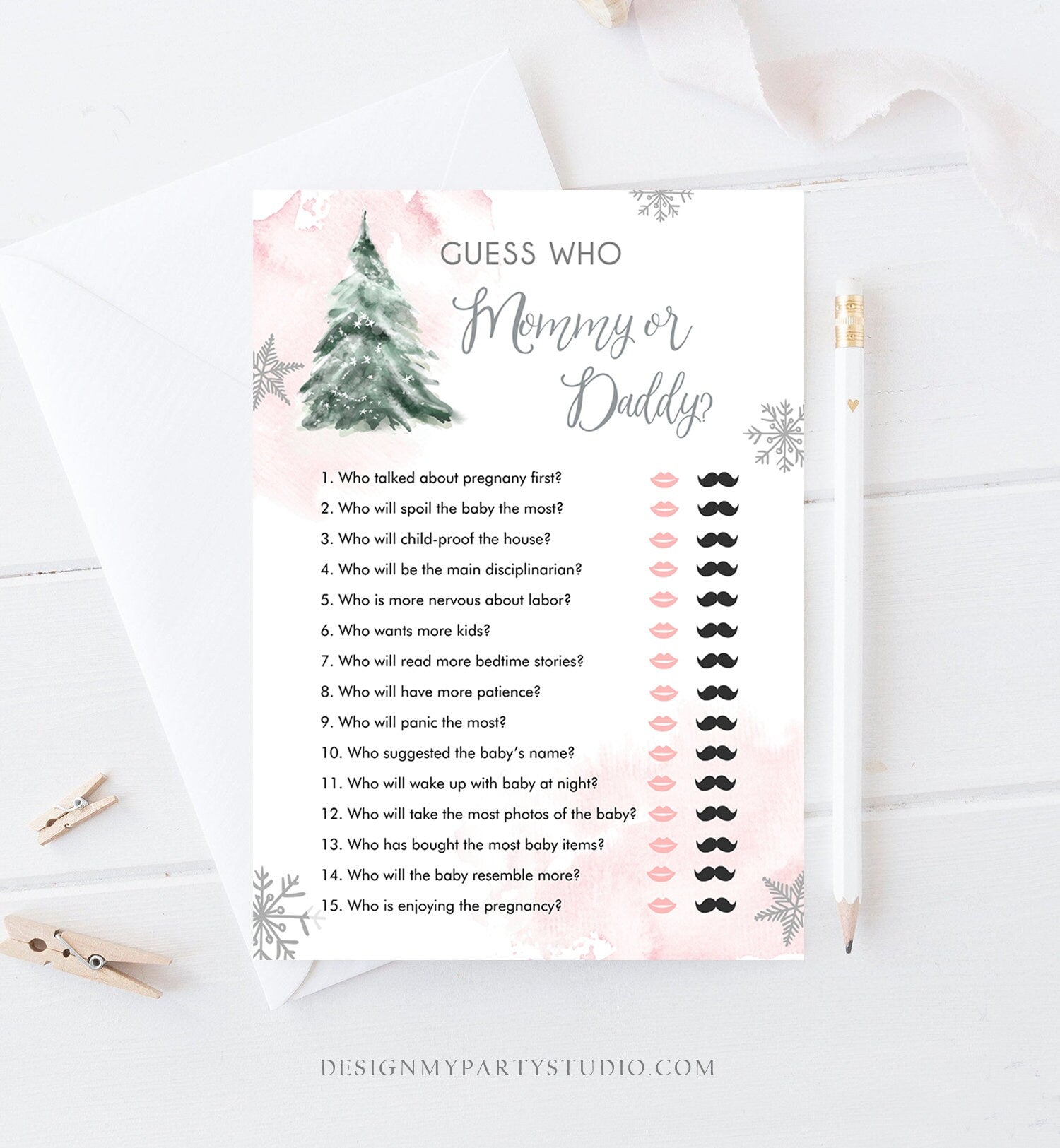 Editable Guess Who Mommy or Daddy Baby Shower Game Winter Baby Shower Cold Outside Girl Pink Tree Watercolor Corjl Template Printable 0363