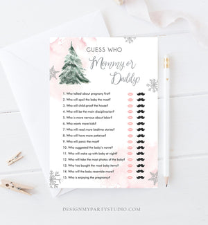Editable Guess Who Mommy or Daddy Baby Shower Game Winter Baby Shower Cold Outside Girl Pink Tree Watercolor Corjl Template Printable 0363