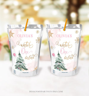 Editable Winter ONEderland Capri Sun Labels Juice Pouch Labels Girl Birthday Gold Party Christmas Snowflakes Corjl Template Printable 0363