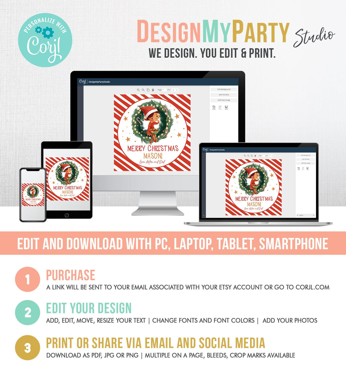 Editable Christmas Favor Tags Holiday Gift Tags Merry Christmas Holiday Santa Claus Elf Jingle Holiday Download Printable Corjl 0443 0481