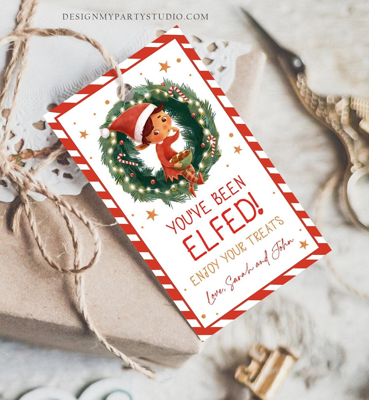 Editable You&#39;ve Been Elfed Christmas Thank You Favor Tag Cookie Gift Teacher Santa Claus Jingle Elf Holiday Printable Template 0443 0481