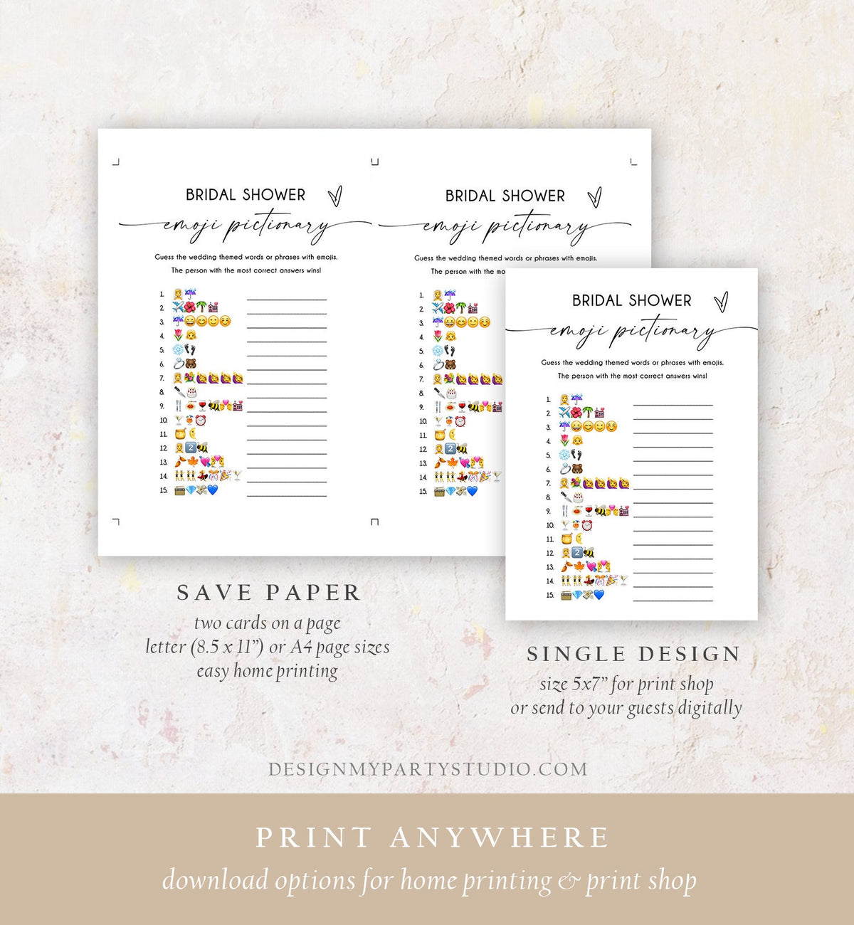 Editable Emoji Pictionary Bridal Shower Game Minimalist Modern Wedding Activity Shower Activity Corjl Template Printable 0493