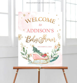 Editable Winter Baby Shower Welcome Sign Sleigh Baby Its Cold Outside Welcome Girl Pink Gold Christmas Sign Template PRINTABLE Corjl 0353