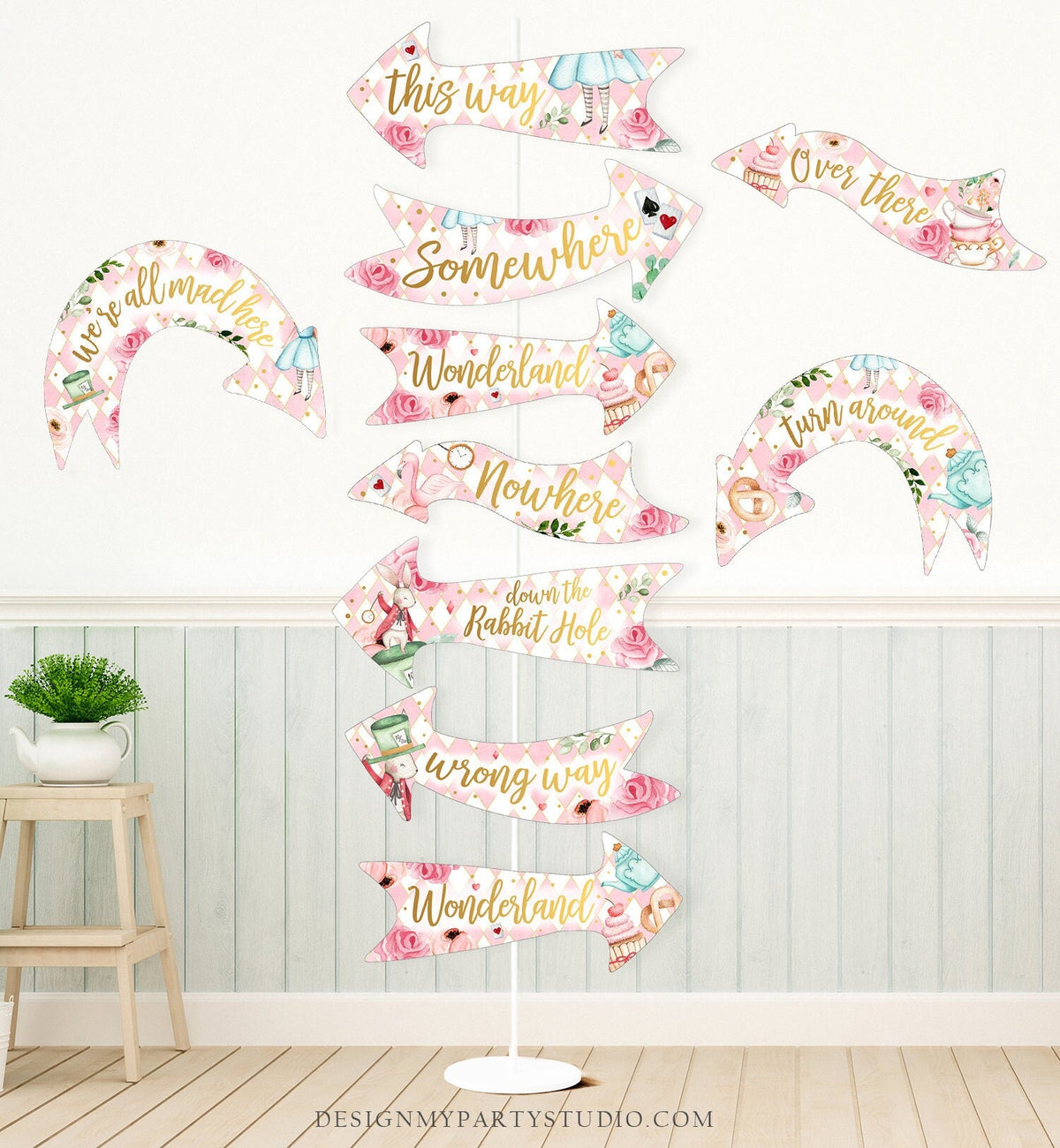 Printable Alice in Wonderland Arrows Alice Birthday Party Girl Pink Birthday Mad Tea Party Decor Directions Signs Girl DIY Digital 0350