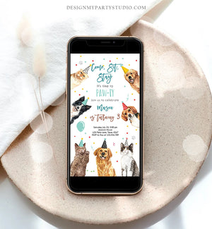 Editable Cats and Dogs Birthday Evite Cat Dog Birthday Party Invite Boy Kitten Puppy Pawty Download Electronic Phone Template Corjl 0384