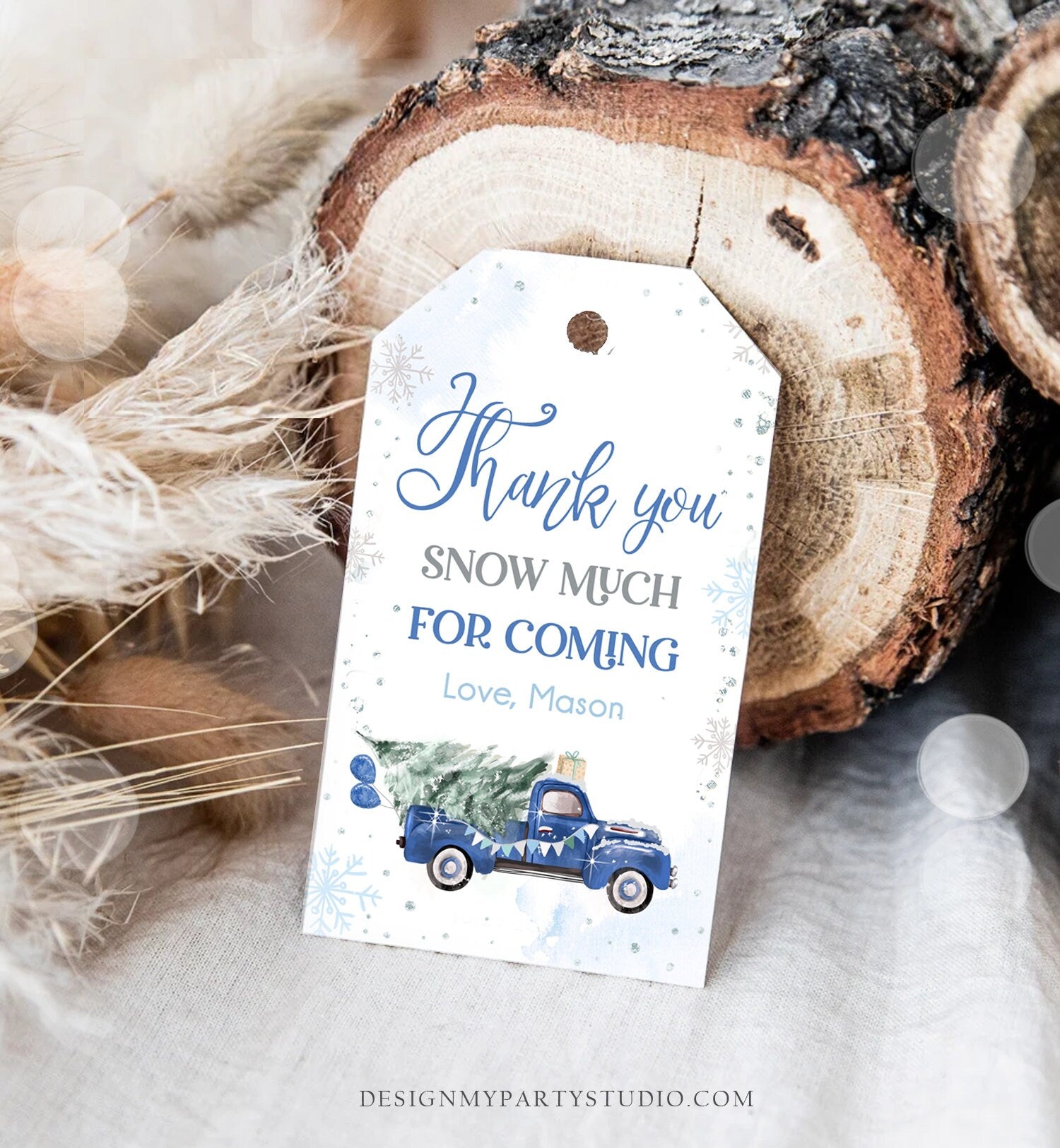 Editable Winter Onederland Favor Tag Christmas Tree Thank You Snow Much Blue Truck Birthday 1st Winter Gift Tag Boy Corjl Printable 0495