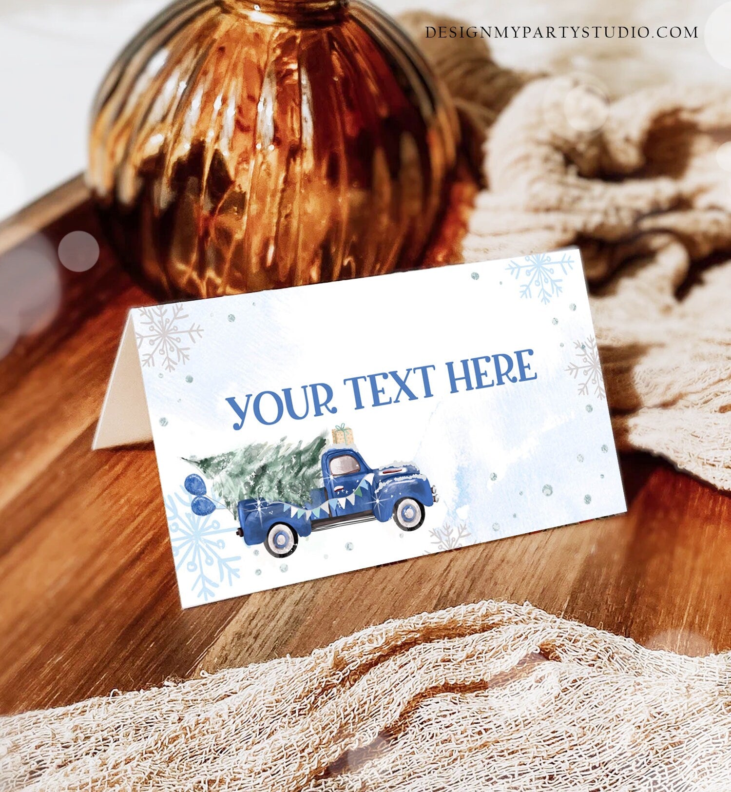 Editable Winter Truck Food Label Place Card Tent Card Escort Holiday Party Christmas Blue Truck Winter Tree Download Corjl Template 0495
