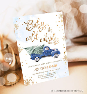 Editable Baby Its Cold Outside Baby Shower Invitation Winter Truck Blue Boy Baby Shower Gold Watercolor Tree Template Download Corjl 0495