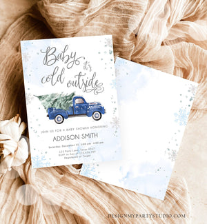 Editable Baby Its Cold Outside Baby Shower Invitation Winter Truck Blue Boy Baby Shower Silver Watercolor Tree Template Download Corjl 0495