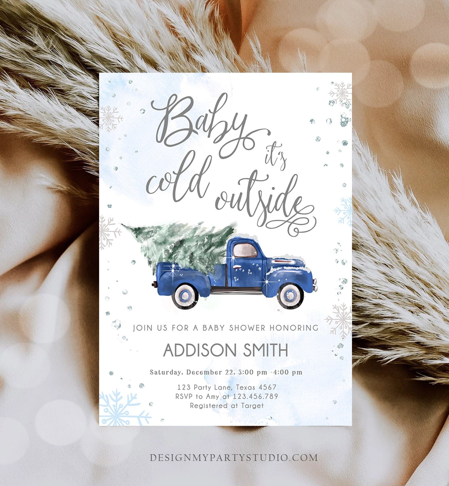 Editable Baby Its Cold Outside Baby Shower Invitation Winter Truck Blue Boy Baby Shower Silver Watercolor Tree Template Download Corjl 0495