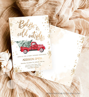 Editable Baby Its Cold Outside Baby Shower Invitation Winter Truck Red Gender Neutral Baby Shower Gold Tree Template Download Corjl 0495