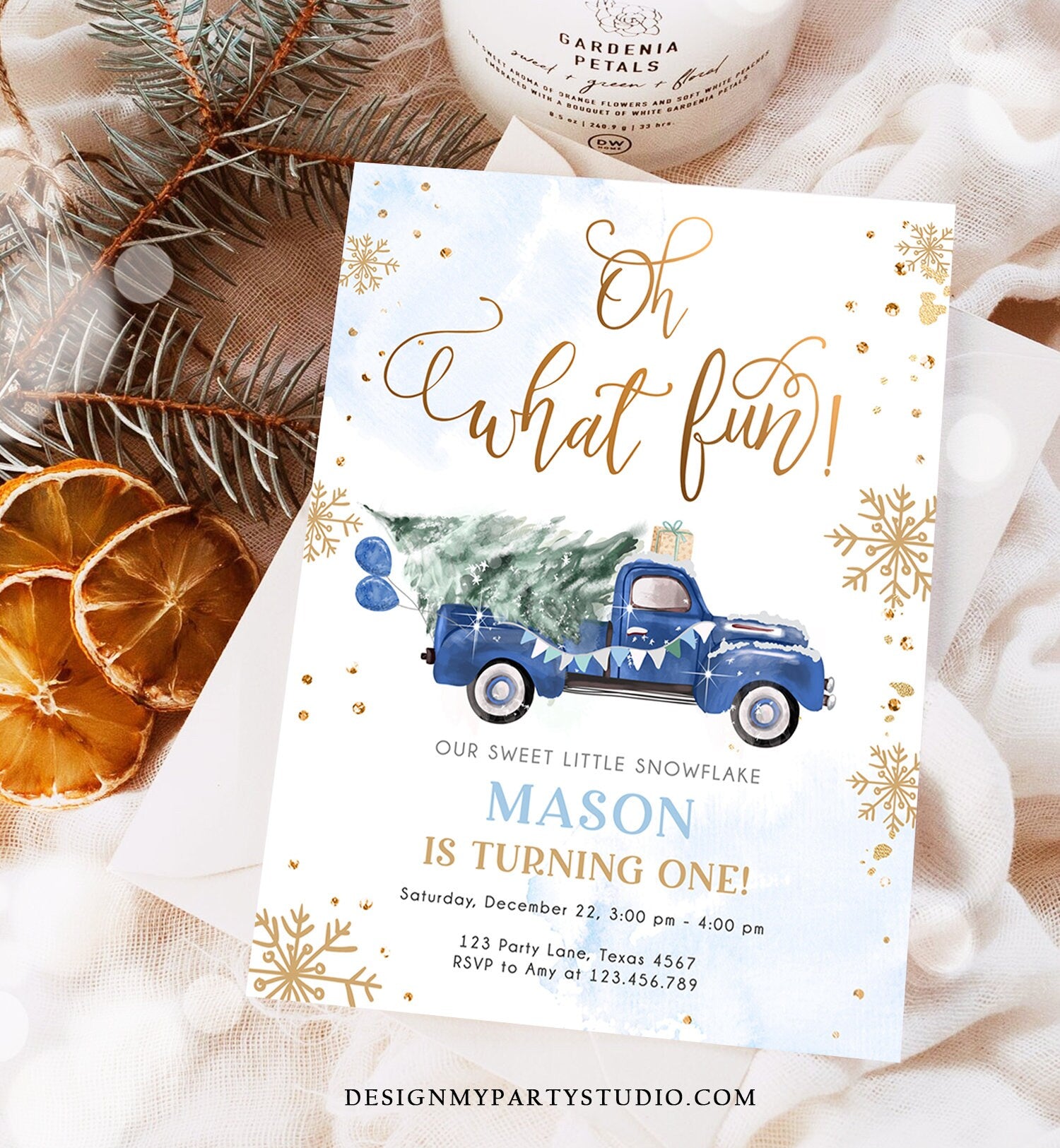 Editable Oh What Fun! Holiday 1st Winter Birthday Invitation Winter Truck Boy Christmas Party Blue Gold Printable Template DIY 0495