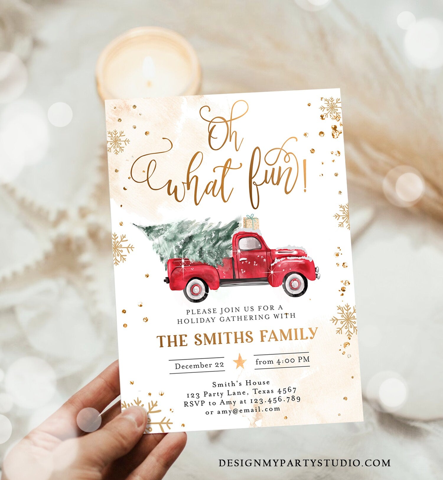 Editable Oh What Fun! Holiday Party Christmas Party Invitation Red Truck Tree Winter Birthday Personalized Printable Template Corjl 0495