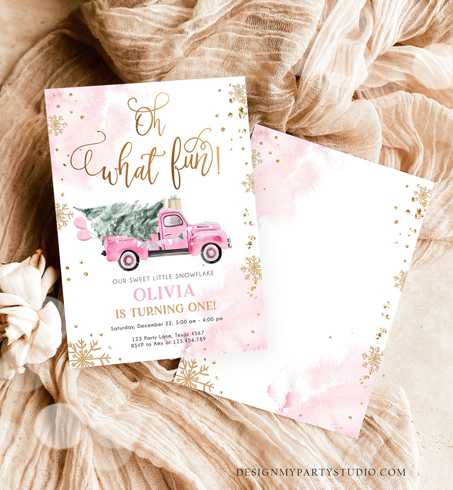 Editable Oh What Fun! Holiday 1st Winter Birthday Invitation Winter Truck Girl Christmas Party Pink Gold Printable Template DIY 0495