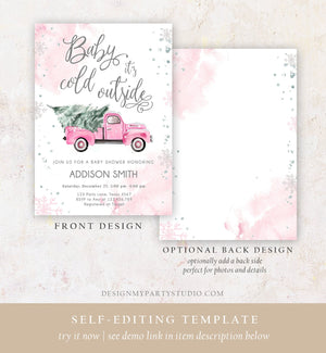 Editable Baby Its Cold Outside Baby Shower Invitation Winter Truck Pink Girl Baby Shower Silver Watercolor Tree Template Download Corjl 0495