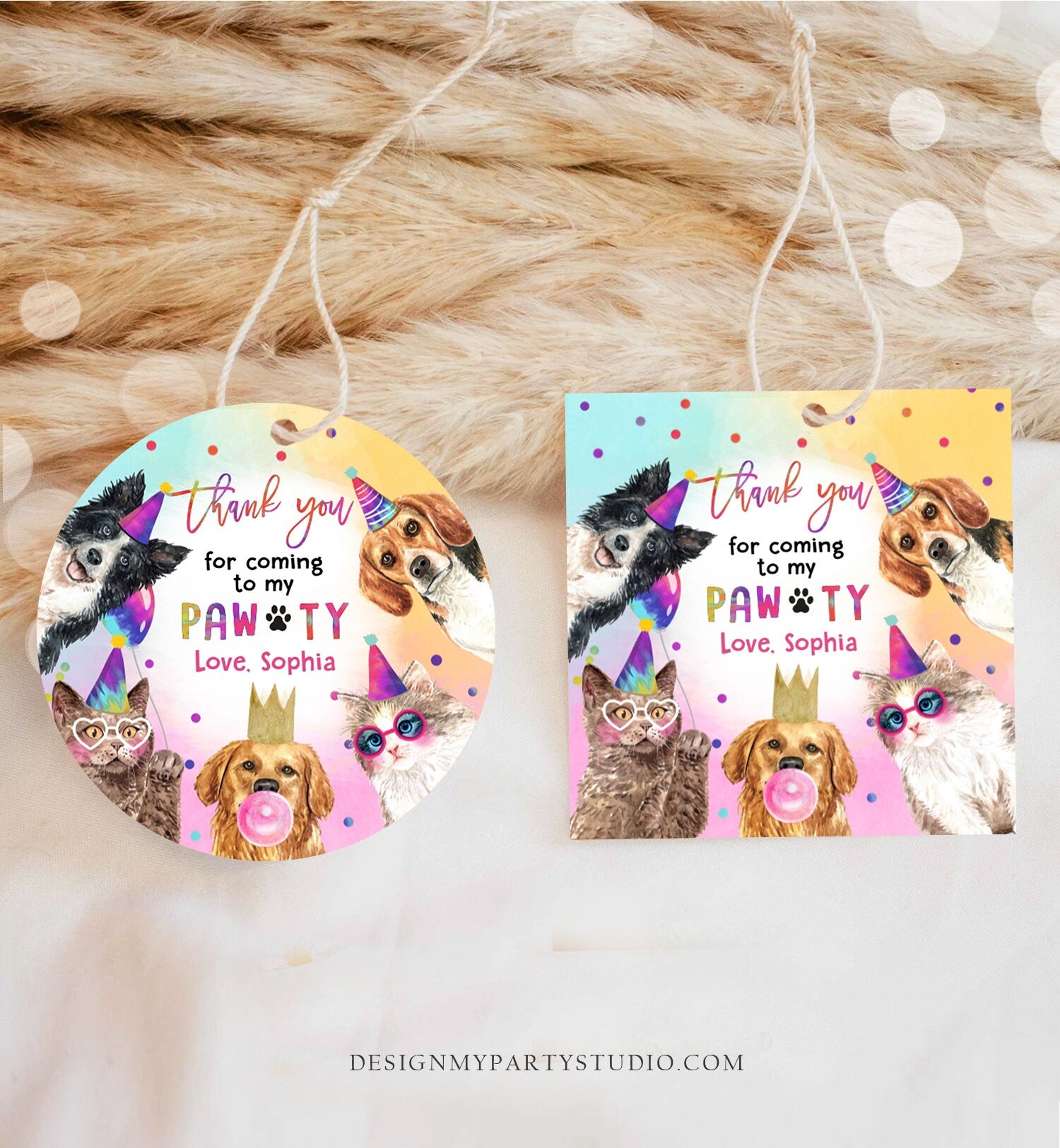 Editable Cats and Dog Favor tags Puppy Dog Birthday Thank you tag Kitten Pet Party Animal Dog Themed Stickers Template PRINTABLE Corjl 0460
