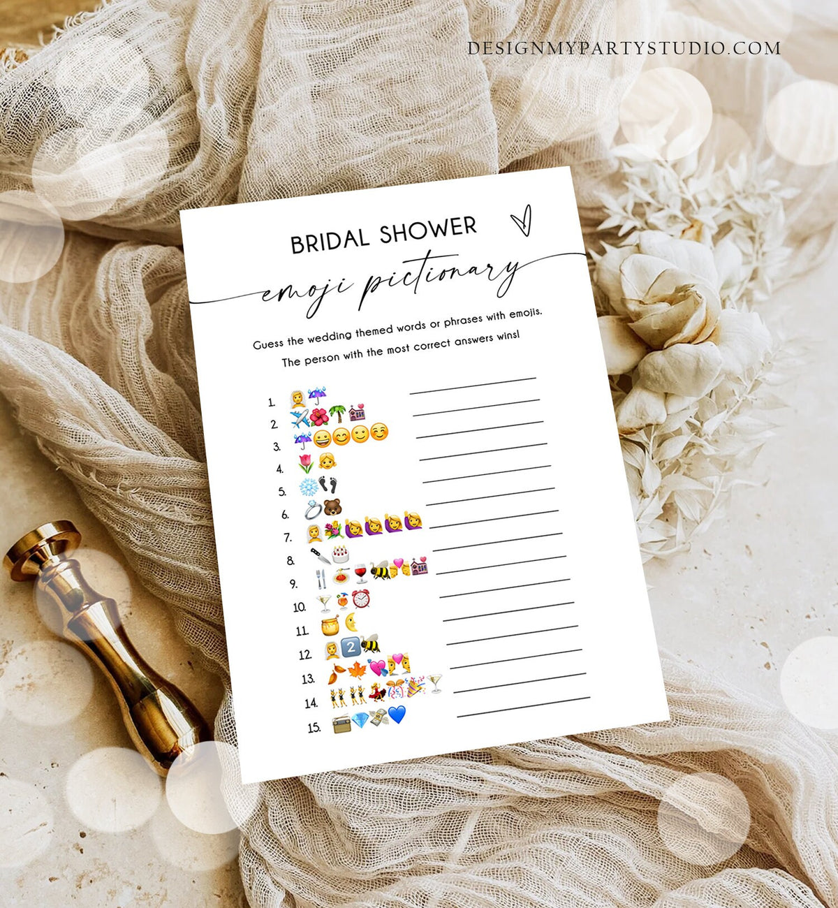Editable Emoji Pictionary Bridal Shower Game Minimalist Modern Wedding Activity Shower Activity Corjl Template Printable 0493