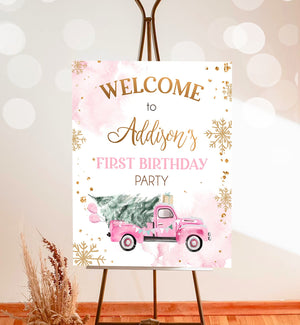 Editable Winter Truck Welcome Sign Onederland Pink Truck Watercolor Girl First Birthday Snowflake Wonderland Corjl Template Printable 0495