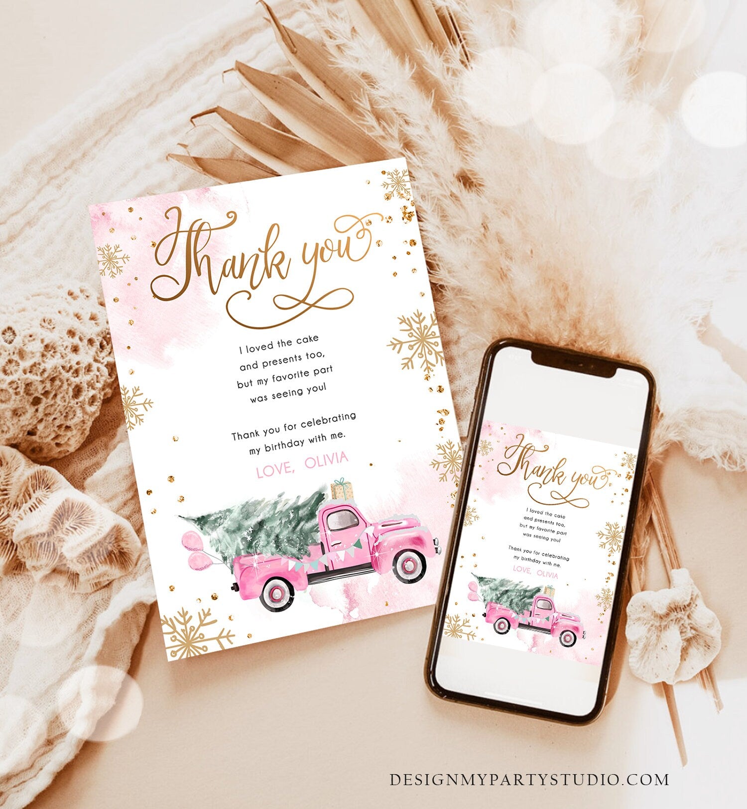 Editable Winter Truck Thank You Card Girl Birthday Winter Onederland Pink Truck Winter Tree Christmas Snowflake Template Download Corjl 0495