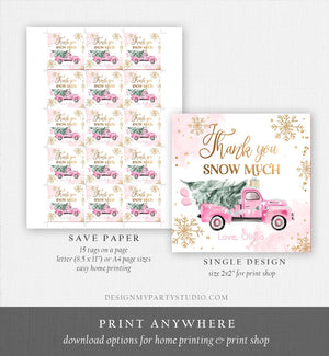 Editable Winter Onederland Favor Tag Christmas Tree Thank You Snow Much Pink Truck Birthday 1st Winter Gift Tag Pink Corjl Printable 0495