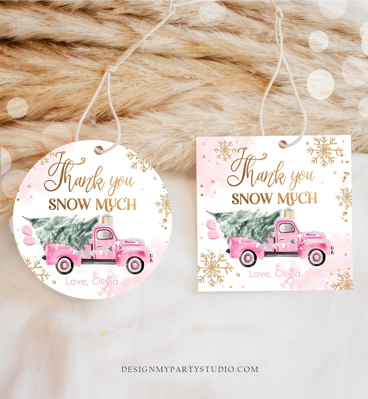 Editable Winter Onederland Favor Tag Christmas Tree Thank You Snow Much Pink Truck Birthday 1st Winter Gift Tag Pink Corjl Printable 0495