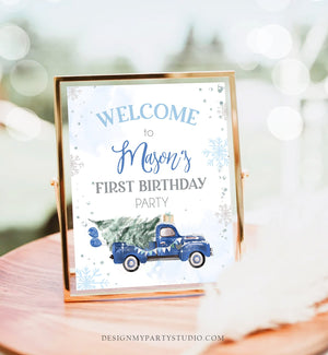 Editable Winter Truck Welcome Sign Onederland Blue Truck Watercolor Boy First Birthday Snowflake Wonderland Corjl Template Printable 0495