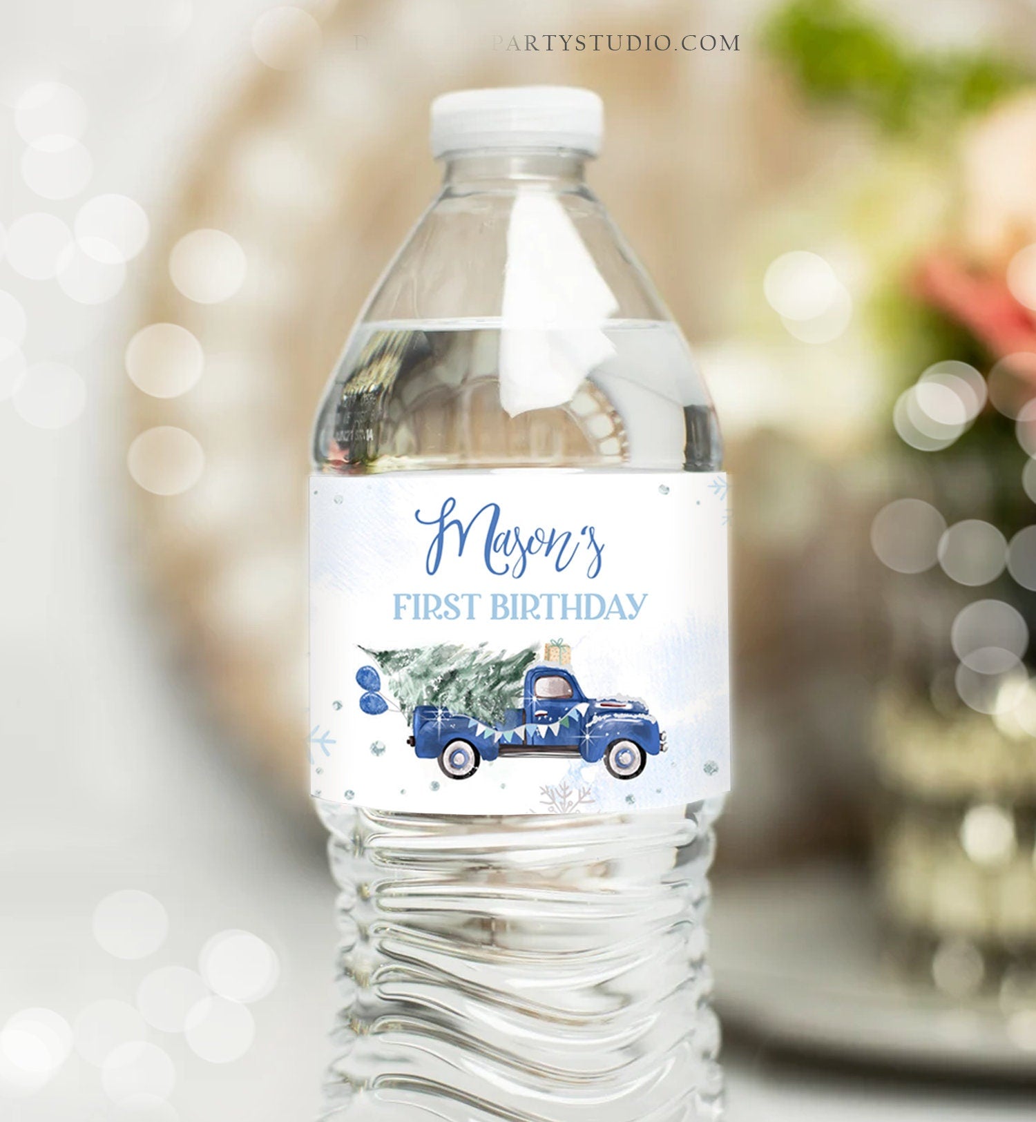 Editable Winter Truck Water Bottle Labels Winter Onederland Party Decor Boy First 1st Birthday Blue Truck Christmas Printable Template 0495