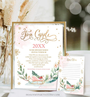 Editable Winter Sleigh Time Capsule Winter Onederland First Birthday Party Girl Christmas One Pink Gold Guestbook Template Printable 0353