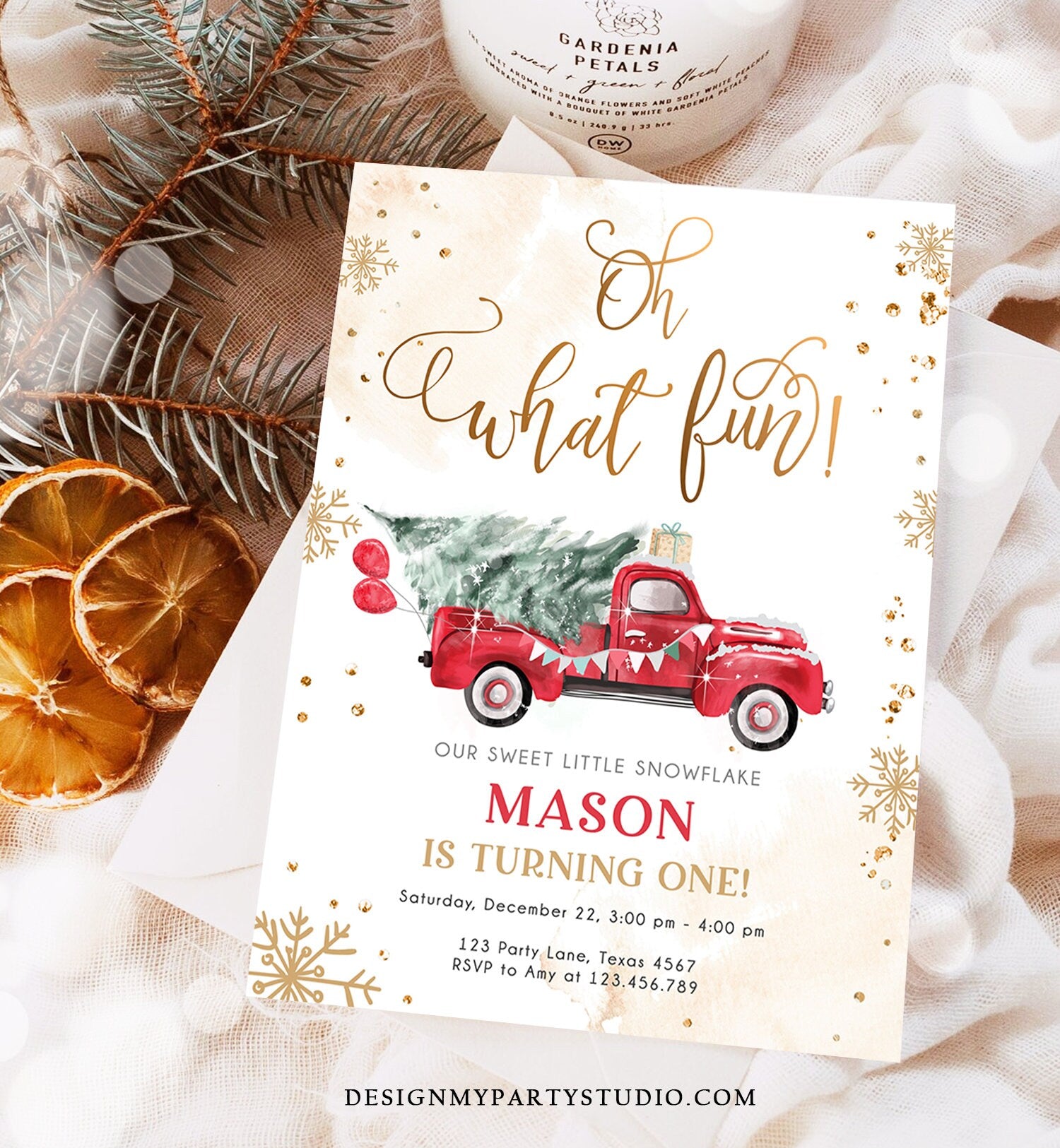 Editable Oh What Fun! Holiday 1st Winter Birthday Invitation Winter Truck Boy Christmas Party Red Truck Gold Printable Template DIY 0495